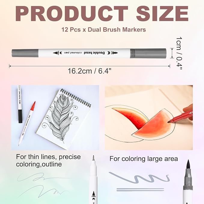 PATIKIL 12Pack Dual Brush Markers, Gray Watercolor Fine and Brush Tips Pens Colored Marker Calligraphy Coloring Art Supplies Set for Coloring Book Illustration Sketching Journaling