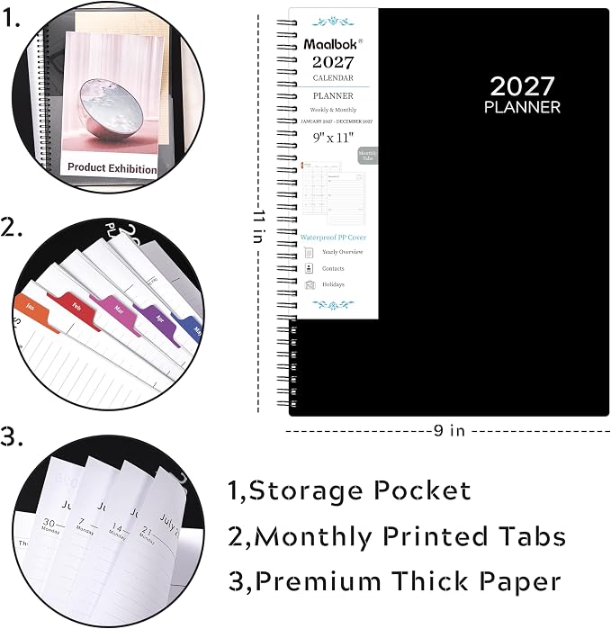 2027 Planner-2027 Weekly and Monthly Planner, 9" x 11", Jan. 2027-Dec. 2027 | Storage Pocket, Daily Agenda Book, College Organizer Notebook, Teacher Student Planning Book with Tabs, Enterprise