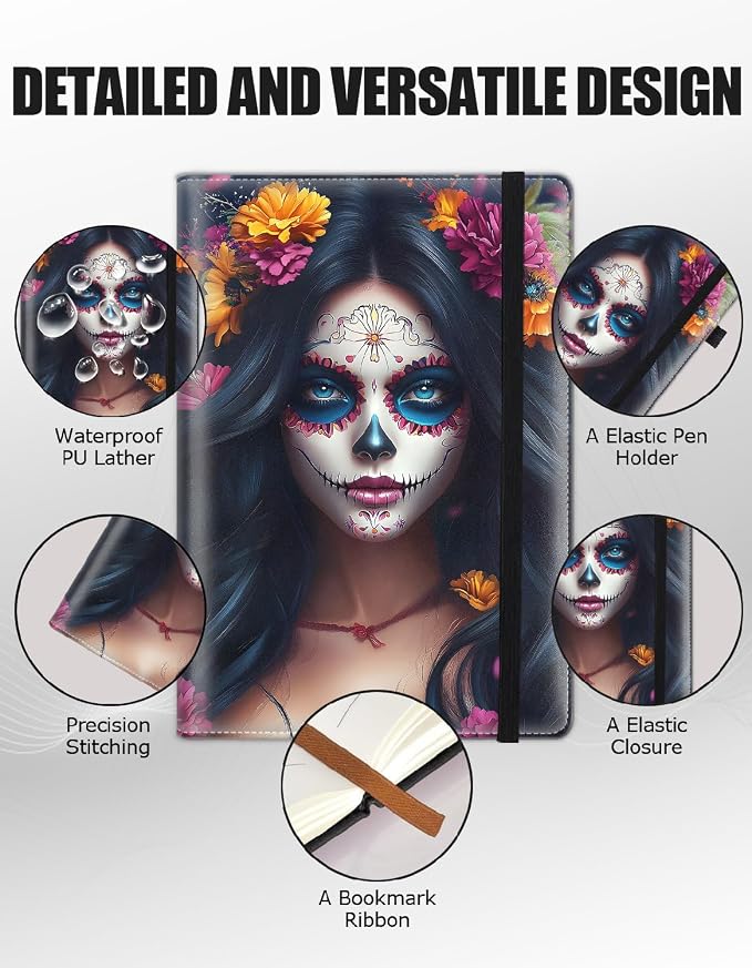 Hardcover Executive Notebooks, A5 PU Leather Lined Journal Notebook, 200 Pages Thick Paper Subject Notebooks for School,Work,Home Writing Business Notebook,Mexican Day of The Colorful Flower Girl