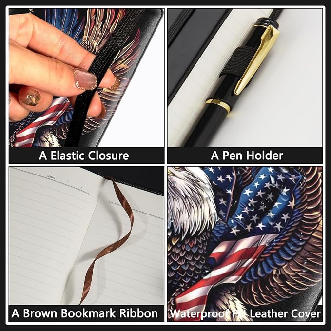 A5 Leather Lined Journal Notebook, 200 Pages Hardcover Executive Notebook for Men Women Office School Note Taking, Thick Writing Paper Daily Journal with Bookmarks/Indexes,Eagle American Flag