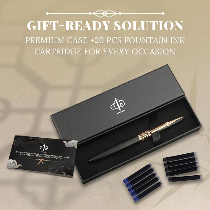 YUNCHUN Refillable Fountain Pen Fine Nib, Fancy Ink Pen with 10 Black & 10 Blue Ink Refills Cartridges, Cool Ink Pens for Writing, Business Metal, Best Gift Set for Men & Women, Blcak