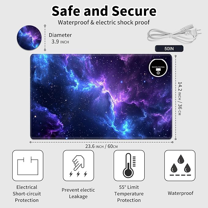 Heated Desk Pad Mouse Pad,Heated Desk Mat,with 3 Heating Levels & 3 Hours Auto Shut-Off,Leather 23.6"*14.2" Gaming Mouse Laptop Mat,Foot Warmer,Blue Purple Glitter Sky
