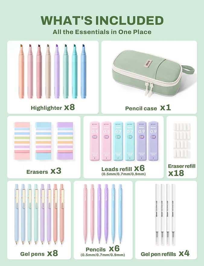 SUNEE 54PCS Aesthetic Stationery Set with Cute Pencil Case, 8 Color Pastel Highlighters, 8 Black Gel Pens, 6 Mechanical Pencils & Refills, College School Supplies for Students Girls Green