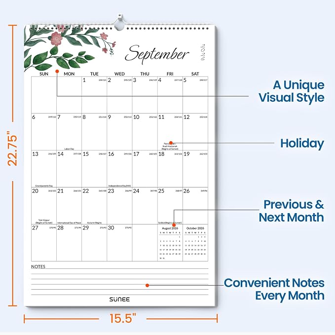 SUNEE 2026-2027 Wall Calendar Large 22.75"x15.5", 21 Month July Calendar (Ends March 2028), Vertical Extra Large, Greenery