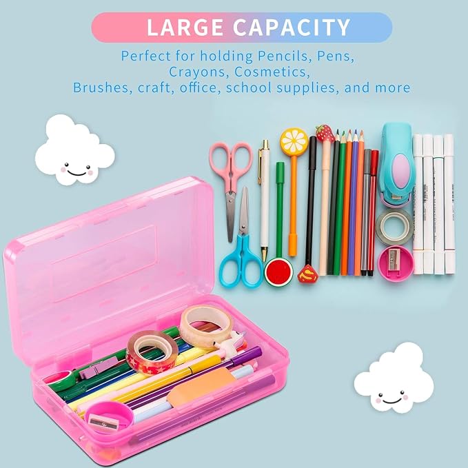 Sooez 1 Pack Clear Pencil Box, Plastic Hard Pencil Case with Stickers, Large Crayon Box with Snap-tight Lid, Stackable Storage Box Art Craft Marker Organizer Box for Kids Boys Back to School, Purple