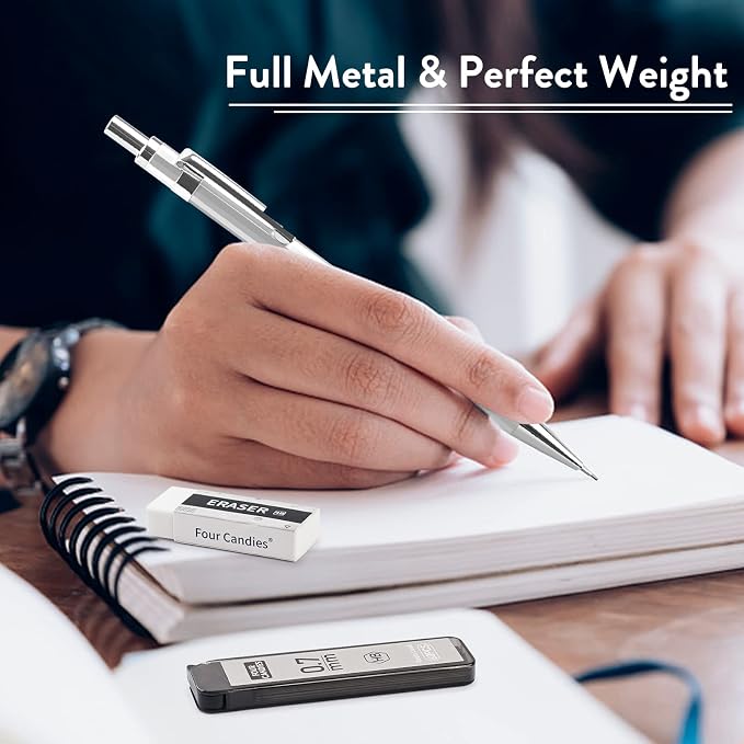 4PCS Metal Mechanical Pencil Set, 0.7mm Medium Point Pack with Storage Case | 480 Leads, 3 Erasers+9 Refills, For School Writing, Sketching, Art Drawing & Professional Drafting