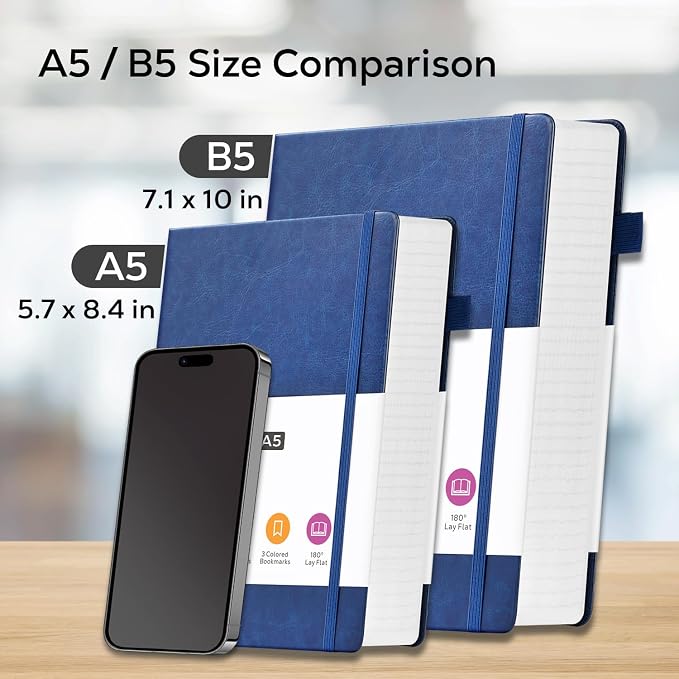 Leather Lined Notebook Journal, 320 Pages Hardcover Notebook Journals for Writing Women & Men, B5 (7.1'' X 10'') College Ruled Notebook with 100GSM Thick Paper for School Work Organization, Dark Blue