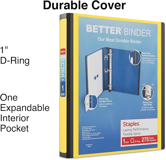 Staples Better Binder, 1" Heavy‑Duty D‑Ring 3‑Ring Binder, Yellow, Reinforced Spine, 275‑Sheet Capacity, Reliable School & Office Binder for Reports & Projects, 3‑Pack