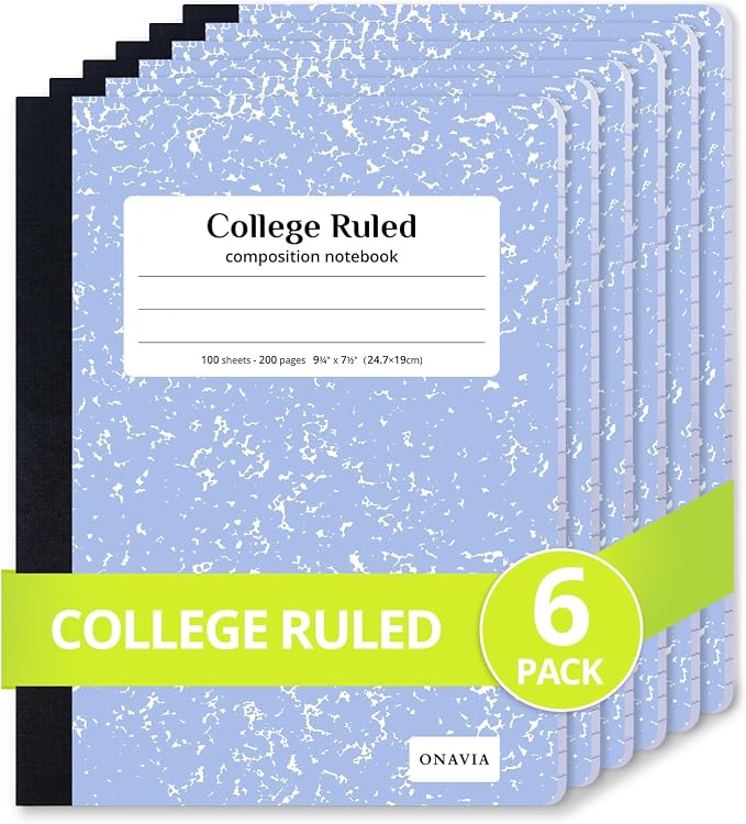 ONAVIA Composition Notebook College Ruled 6 Pack, 200 Pages, Cornflower | 100 ct, 9.75 x 7.5 in, Durable Comp Book, School Notebooks, Students, Note Taking, Writing, Teachers