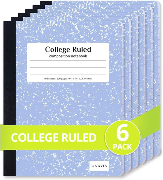 ONAVIA Composition Notebook College Ruled 6 Pack, 200 Pages, Cornflower | 100 ct, 9.75 x 7.5 in, Durable Comp Book, School Notebooks, Students, Note Taking, Writing, Teachers