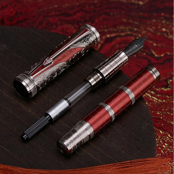 Hongdian D5X Fountain Pen Fine Nib Red Color, Qin Dynasty Retro Chinese Totem Engraving Smooth Writing Pen with Converter and Pen Box Set