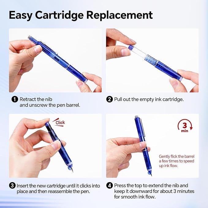 WRITECH Clictek Fountain Pen Retractable: Blue Ink Medium Nib Transparent Barrel, Gift Set Includes 5 Ink Cartridges for Smooth Writing No Leaking