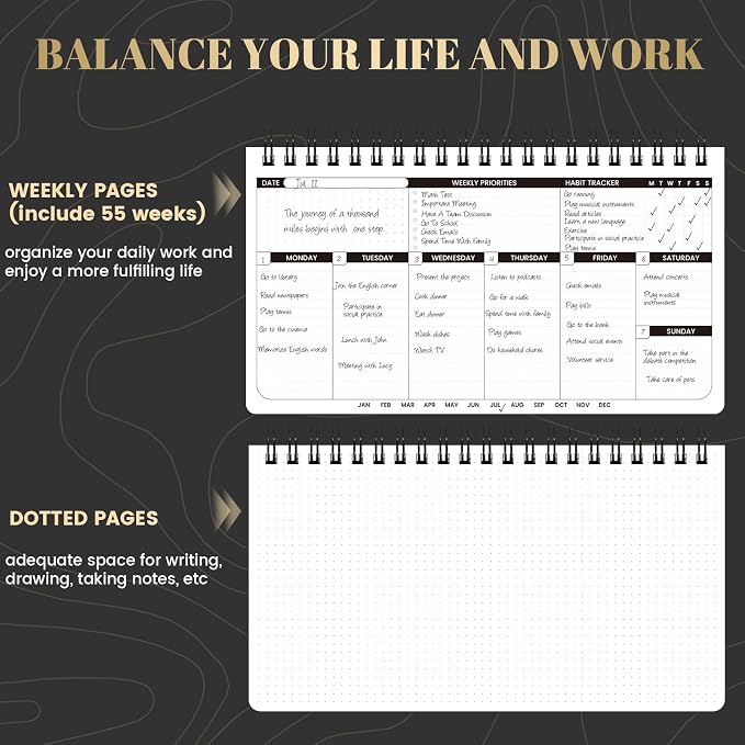 Weekly Planner 2026-2027 - Spiral Bound, 11.2'' x 6.3'', 55 Weeks | Undated Daily Productivity Organizer Notebook with Habit Trackers & Weekly Priority Sections for Office, School and Home