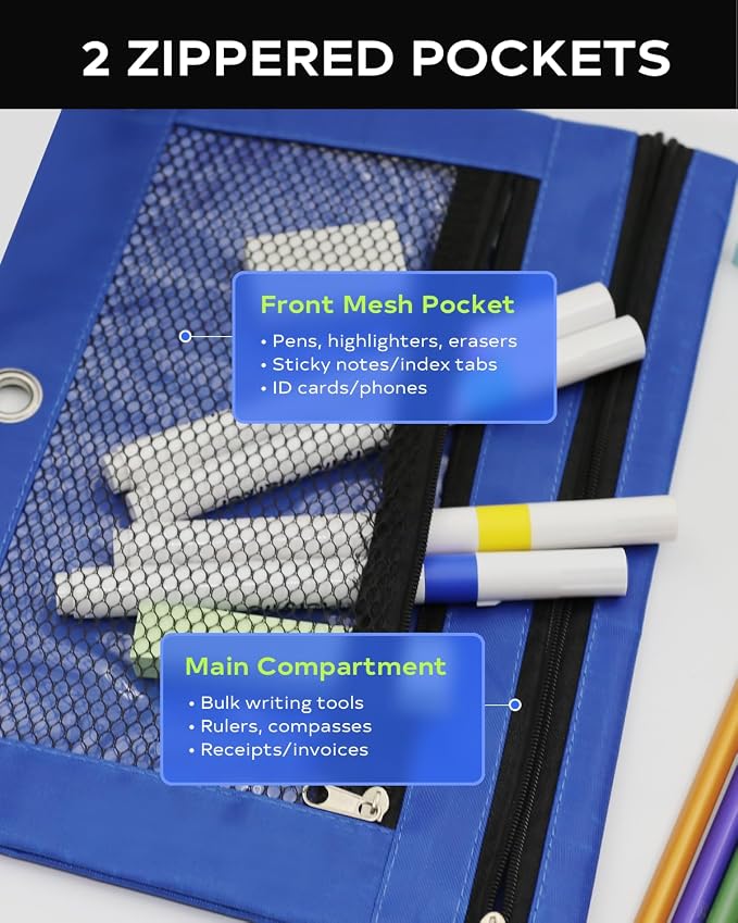 3 Ring Binder Pencil Pouch - Oxford Fabric Pencil Case with 2 Zippered Pockets, Clear Mesh Window Pencil Bag, B5 Size for Office & Travel Supplies (Blue)