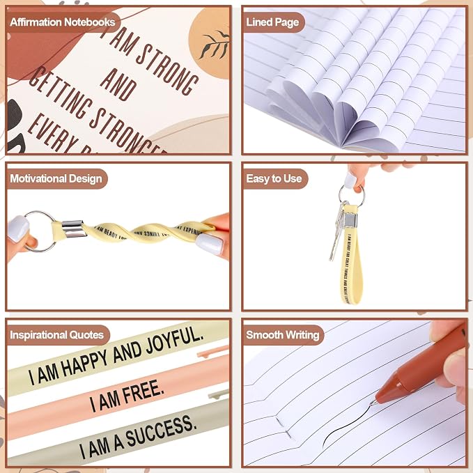 Mooliwe 12 Set Positive Affirmation Gift Set Gratitude Notebooks with Pens Keychains Small Bags Motivational Party Favors for Adult Women Coworkers Employee Group (Boho)