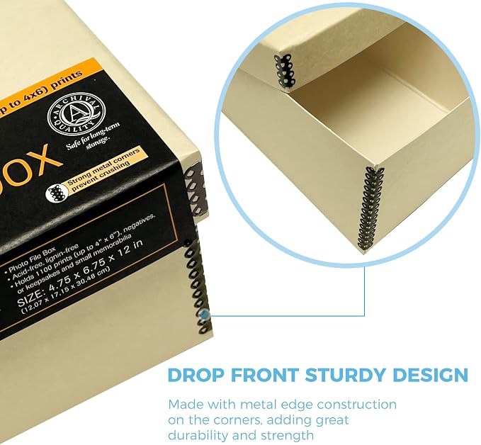 Lineco Archival Photo Card Box, Museum-Quality Storage, 4x6x12 Inch, Tan | Acid-Free with Removable Lid, Metal-Edge Corner, Bulk Storage and Preservation for Negatives, Prints, Films, Photos, Snapshot