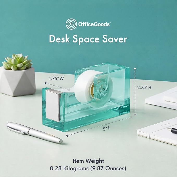 OfficeGoods Acrylic Tape Dispenser – Modern Desk Organizer for Office Supplies, Heavy Duty Refillable Tape Holder for Home and School Crafting, Stylish Desktop Accessory for Gift Wrapping, Green