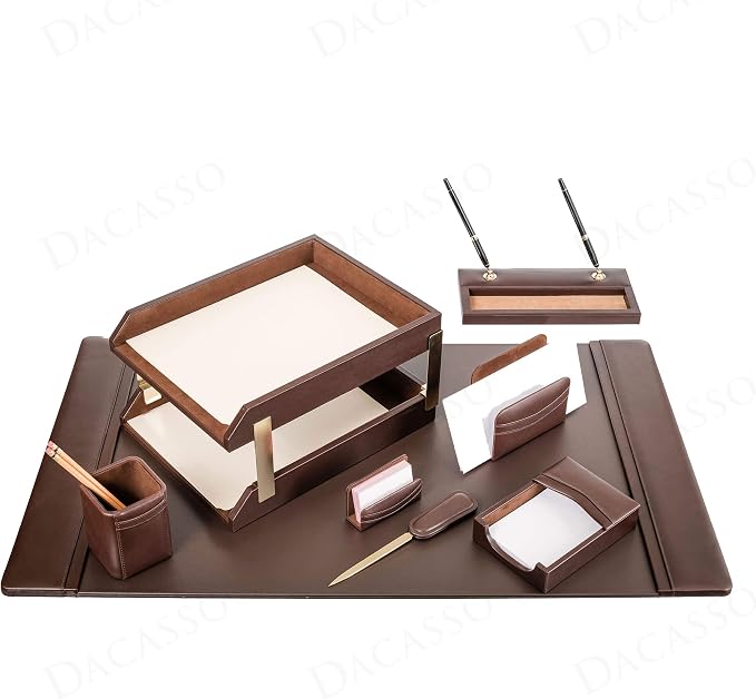 Dacasso Chocolate Brown Leather Luxury Desk Accessory Set - 10 Piece Executive Desk Decor - 34" x 20" Leather Blotter Pad & Organization Essentials