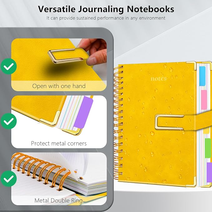 Hardcover Spiral Notebook College Ruled, 8"x10" Leather Journal Notebook with Magnetic Closure, 300 Pages 5 Subject Notebook with Dividers Tabs Journal for Women Men, Work, School(Yellow)