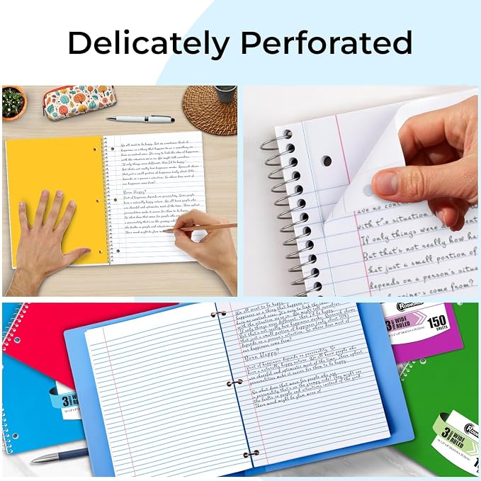 Rosmonde 36 Pack 3 Subject Spiral Notebook Wide Ruled Bulk, Thick Paper, 300 Pages (150 Sheets), 8 x 10-1/2", 3 Hole Punched, Bulk Spiral Journal for School, Bulk Subject Notebooks, Assorted Colors