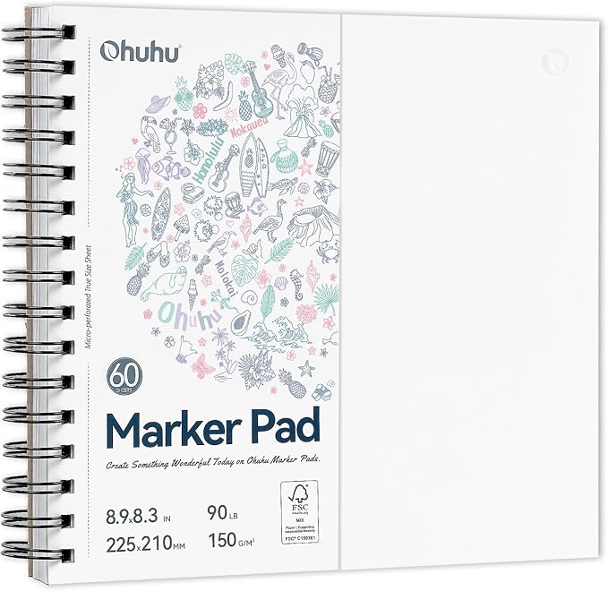 Ohuhu Double-Sided Marker Pad Art Sketchbook Bleedproof - 8.3"x8.3" Square Paper Size - 90 LB/150 GSM Smooth Drawing Paper - 60 Sheets/120 Pages, Spiral Bound Sketching Book for Alcohol Markers
