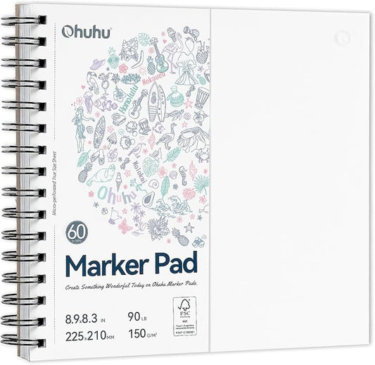 Ohuhu Double-Sided Marker Pad Art Sketchbook Bleedproof - 8.3"x8.3" Square Paper Size - 90 LB/150 GSM Smooth Drawing Paper - 60 Sheets/120 Pages, Spiral Bound Sketching Book for Alcohol Markers
