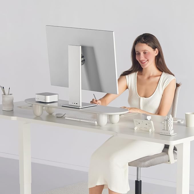 Fenge Computer Monitor Stand with Solid Beech Wood Legs, 34 Inch | All-White Finished Panell, 5-Min Tool-Free Assembly, Oval Monitor Riser for Art Spaces, Studios, Home Office
