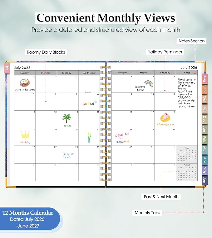 Academic Planner 2026-2027, Hardcover Leather Weekly and Monthly Calendar Planner from July 2026 - June 2027, A4 8.5" x 11" Daily Agenda with Tabs, College School Organizer for Student Teacher, Forest Under a Starry Sky