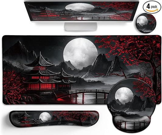 LIMKRIAN Japanese Ergonomic Mouse Pad with Wrist Rest, Large Desk Mat Set | Gaming Computer Mat, Keyboard Wrist Support, Coaster, Desk Matt for Desktop, Japanese Anime Office Supplies Desk Accessories