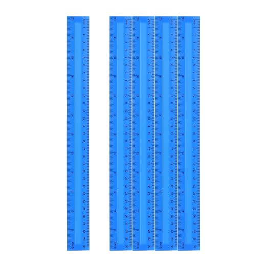 HARFINGTON 5pcs Plastic Rulers 12" (30cm) Clear Straight Ruler Measuring Tool Inches and Centimeters for Home Office Classrooms Drafting, Blue