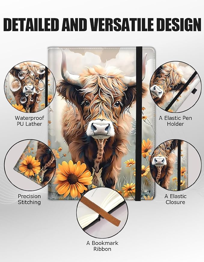 Hardcover Executive Notebooks, A5 PU Leather Lined Journal Notebook, 200 Pages Thick Paper Subject Notebooks for School,Work,Home Writing Business Notebook, Diary Book ，Cute Baby Highland Cattle