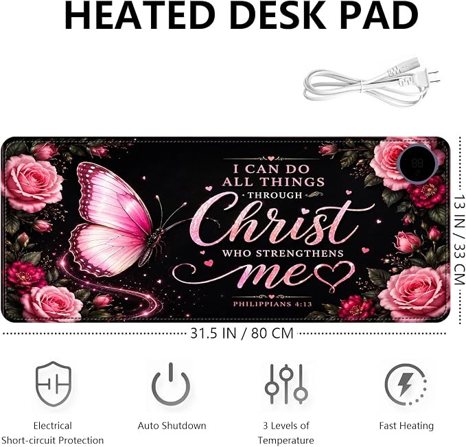 Large Heated Mouse Pad–31.5" x 13" Desk Mat for Office | 3 Adjustable Heat Levels,Auto Shut-Off After 3 Hours for Safety,Hands Warm While Working，Philippians 4:13 Butterfly Rose