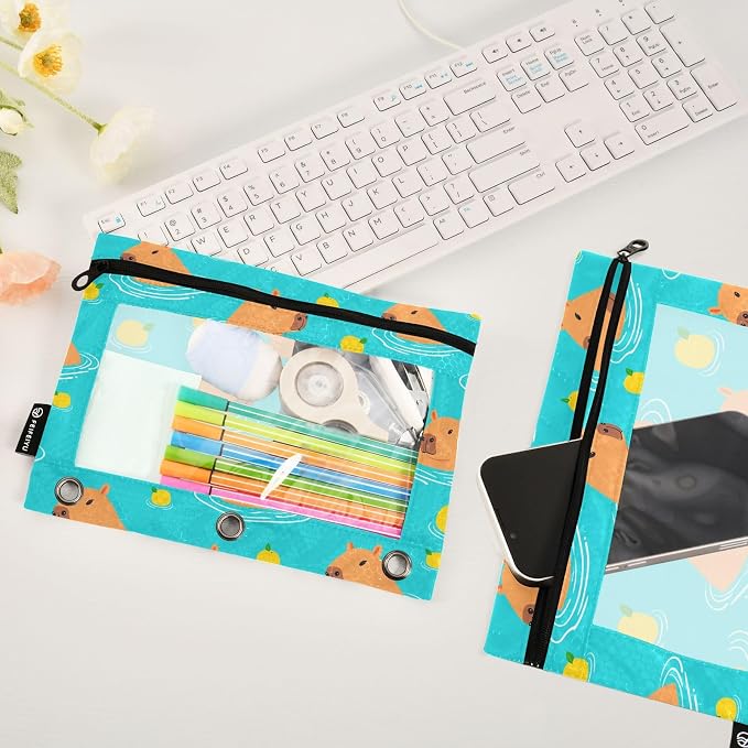 Gredecor Binder Pencil Pouch 3 Ring Cute Capybara Teal Zipper Pencil Pouches Case 2 Pack Clear Binder Organizer for School Office