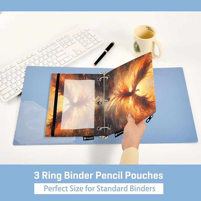 ALAZA Pencil Pouch for 3 Ring Binder, Fire Phoenix Bird Binder Pencil Pouches with Clear Window Zipper Pencil Case Cosmetic Bags for Office College Supplies, 2PCS