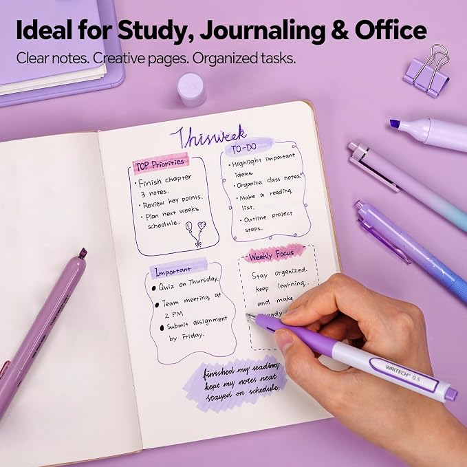 WRITECH Gel Pens Journaling Highlighters: Purple Journal Set Assorted Pastel Color 0.5mm&0.7mm Fine Point Retractable Black Ink Pen Mechanical Pencil Smooth Writing Drawing 8ct