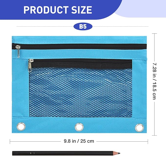 Pencil Pouch for 3 Ring Binder - 3 Hole Zipper Pen Case Bag Holder Bulk Accessories Clear Window Aesthetic Organizer Pockets