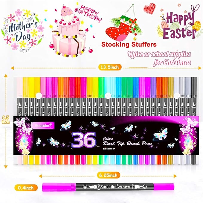 Soucolor 36 Dual Tip Brush Markers, Water-Based Art Pens, Adult Coloring | 36 Color Dual Tip Markers with Brush & Fine Point for Adult Coloring Books, Hand Lettering, Journaling & Art Projects