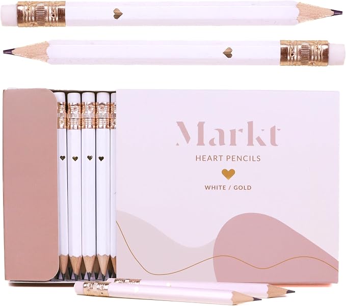 Heart Pencils for Baby Shower Games and Bridal Shower Games, Mini Pencils, Small Pencil Set For Game Prizes, Bridal Pens (White / Gold)
