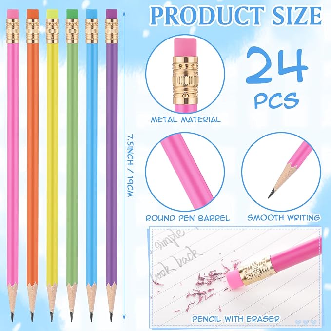 24 Pcs Round Pencils with Eraser 2 HB Cute Pencils Bulk for School Graphite Wood Color Unsharpened Pencil for Drawing Sketching Wedding School Teacher Supplies Student Reward(Rainbow Colors)