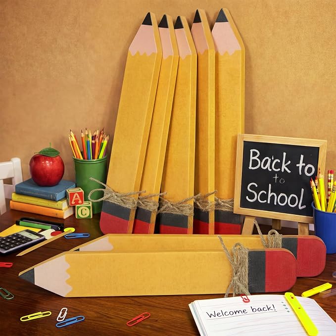 Novabright 7 Pcs Back to School Wooden Pencil Tiered Tray Decor 5.12 x 1.18 Inches Back to School Table Centerpiece Tabletop Classroom Teacher Pencil Name Tags Signs for DIY Crafts Desk Rustic Decor