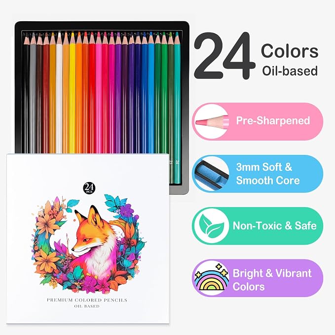 FUNLAVIE 24 Count Colored Pencils for Adult Coloring Books, Coloring Pencil Set for Adults, Soft Core Drawing Pencils for Sketching, Blending, Layering & Shading, Art Supplies for Artists