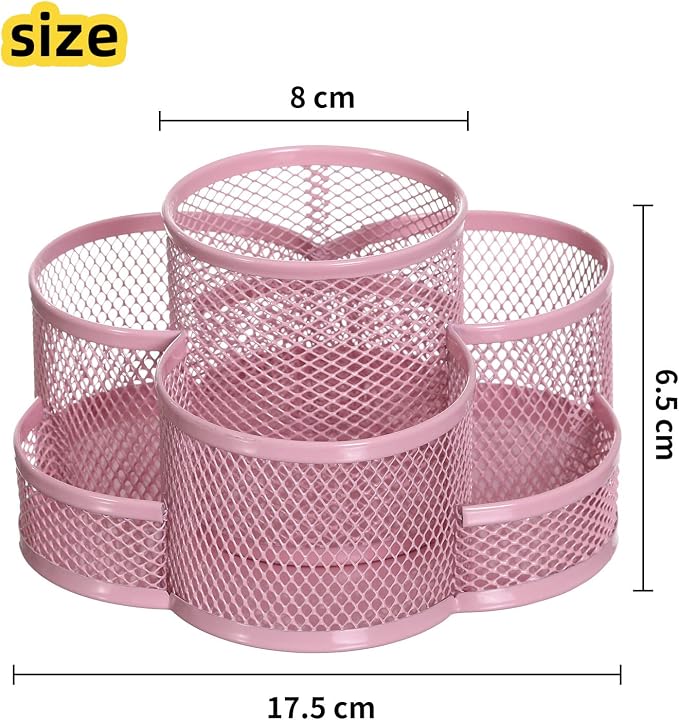 360 Rotatable Metal Mesh Desktop Pen Holder Pencil Holder Pencil Organizer Stationery Organizer Pen Pot Makeup Brush Organizer for Home School Office (Pink)