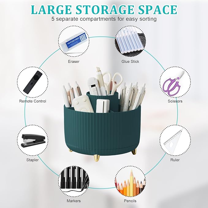 SAYEEC Rotating Pen Holder 5 Slots Desk Organizer with Adjustable Phone Stand Dark Green Makeup Brush Holder Organizer Cute Pencil Cup Pot Art Supply Storage Caddy for Office School Vanity Bathroom