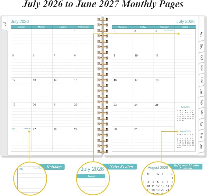 2026-2027 Planner - Planner 2026-2027 from July 2026 - June 2027, Weekly & Monthly Planner Spiral Bound with 12 Monthly Tabs, Inner Pocket, 6.4" x 8.5", Blue Flower