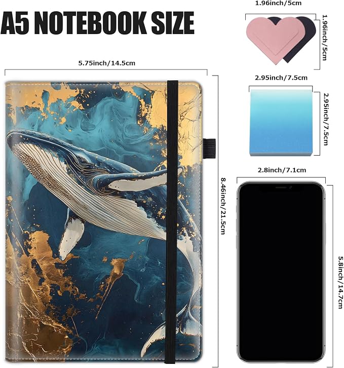 Hardcover Executive Notebooks, A5 PU Leather Lined Journal Notebook, 200 Pages Thick Paper Subject Notebooks for School,Work,Home Writing Business Notebook, Diary Book ，Whale