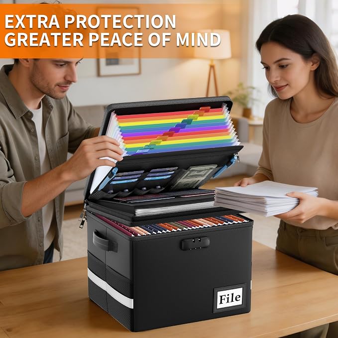 ENGPOW Fireproof Document Box with Locks and Accordion File Folder,Black | File Organizer with Multi-Pocket, Portable Home Office File Cabinet Safe Storage for Hanging Letter/Legal Size Folders