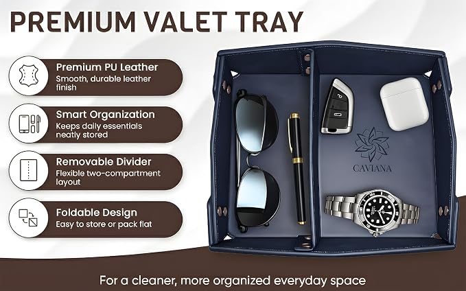 Valet Tray Organizer for Men & Women - PU Leather Catch All Tray with Removable Divider - EDC Storage for Keys, Watch, Phone - Nightstand, Dresser & Desk Organizer - Pacific Navy
