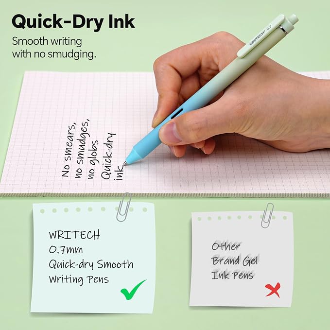 WRITECH Gel Pens Journaling Highlighters: Green Journal Set Assorted Pastel Color 0.5mm&0.7mm Fine Point Retractable Black Ink Pen Mechanical Pencil Smooth Writing Drawing 8ct