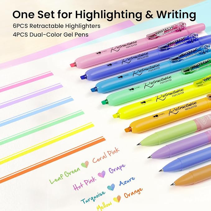 WRITECH Gel Pens Journaling Highlighters: Journal Set Aesthetic Assorted Pastel Color Ink 0.5mm Fine Point Retractable 2 in 1 Pen Smooth Writing Drawing 10ct