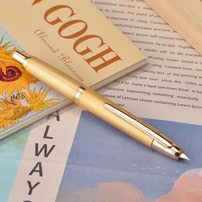 Jinhao 10 Press Fountain Pen with Box, Brushed Matt Gold Retractable Fine Nib with Converter Set (Golden Clip)